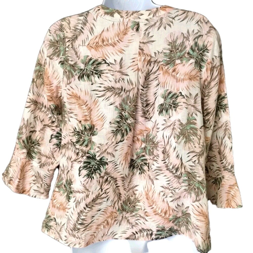 Linen Pink Tan Tropical Top Sz XS Palm Trees V Neck Flounce Sleeves Resort Coast - Picture 6 of 11